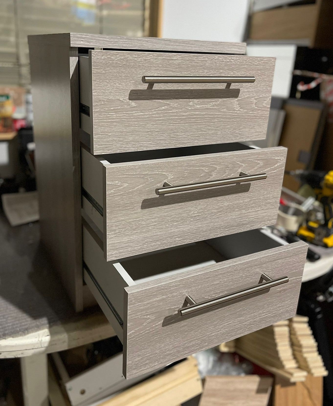 Assembled Brisbane 3 Drawer Bedside – Grey Oak